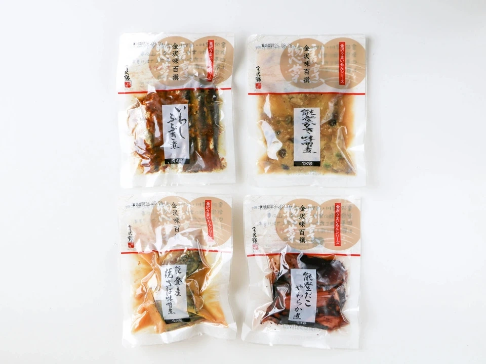 日本海のお魚そうざいセット〈能登産焼さば味噌煮・いわしふぶき煮・能登がき味噌煮・能登だこやわらか煮〉やさしい味に仕上げたお魚惣菜詰め合わせ4種