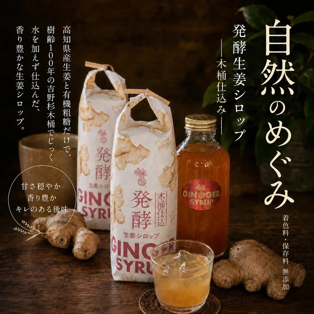 発酵生姜シロップ(木桶仕込み) 180ml/生姜エキス100% /一本に生姜300g